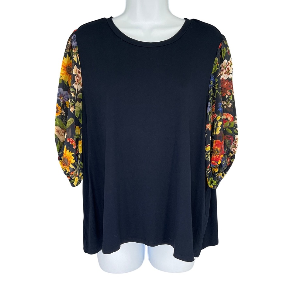 Tahari Womens Black Floral Garden Print Sheer Sleeve Top Plus 1X Casual Office